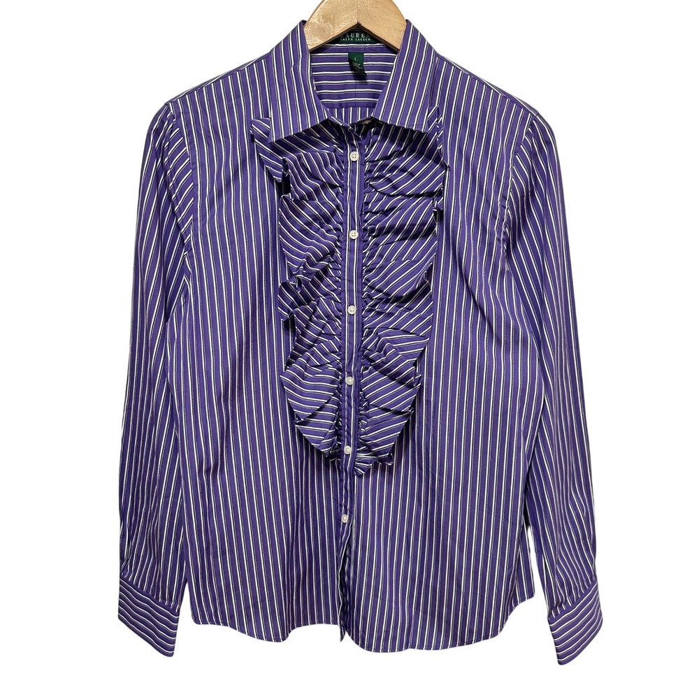 NEW Lauren Ralph Lauren Ruffled Button Down Shirt Large Purple Striped Preppy